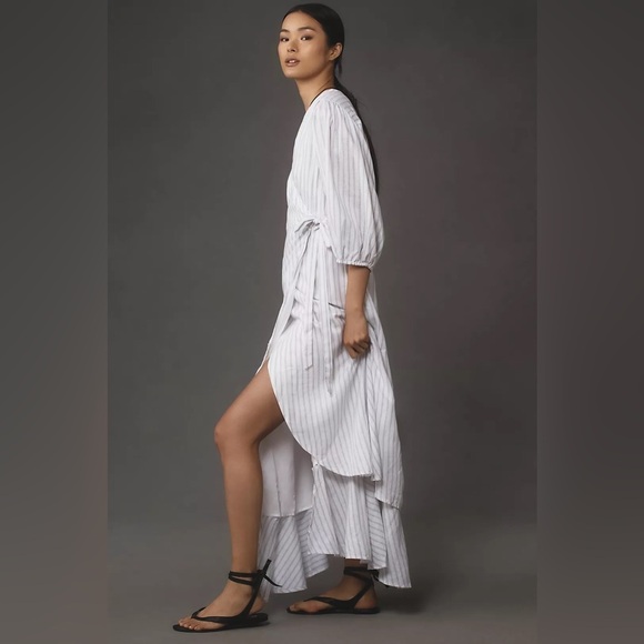 Maeve Asymmetrical Tiered Linen Wrap Dress - Picture 4 of 6